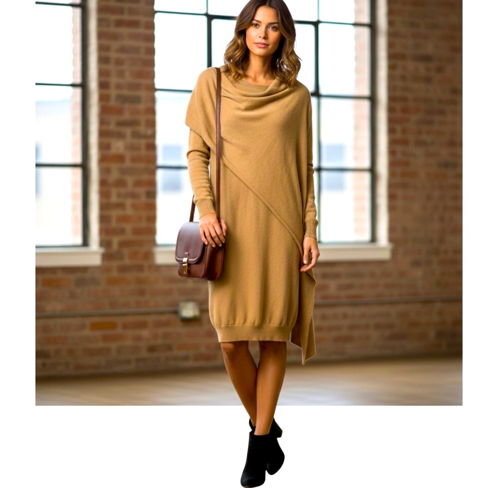 3.1 Phillip Lim Tan Sweater Scarf Draped Dress Wool Cashmere Blend Size L